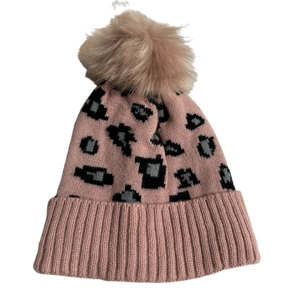 Super Cute & Cozy Pink Animal Print Knit Beanie Hat with Pom, One Size - Picture 1 of 7